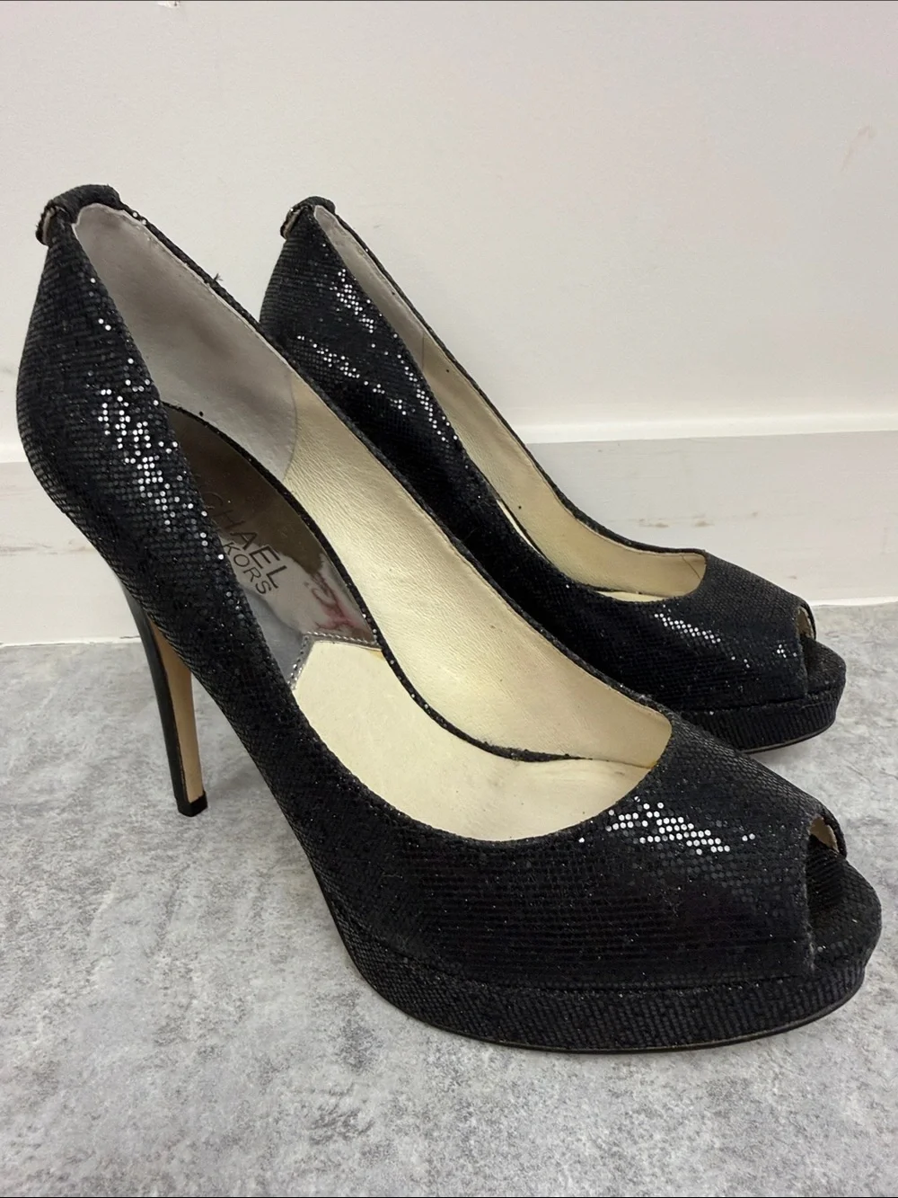 Michael Kors Black Sequin Peep-Toe Stiletto Heels sz 6
